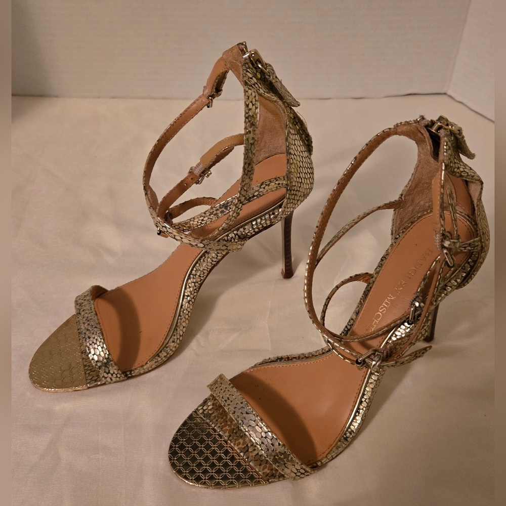 BADGLEY MISCHKA Monalisa  Diamond Metallic Snake Print Stiletto Heel Gold Sz 6.5
